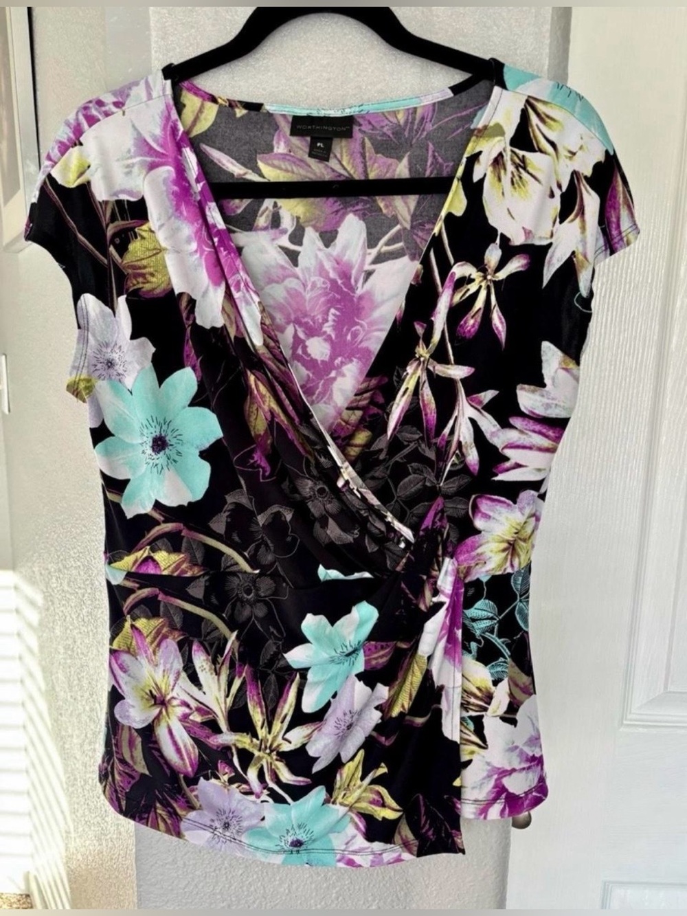 Worthington Black Floral Faux-Wrap Top with Aqua & Purple Blooms Size PL